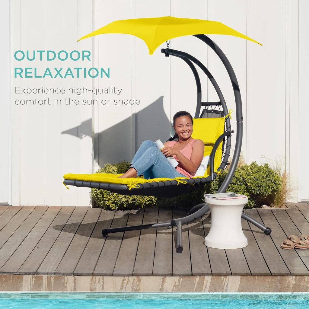 Best Choice Products Outdoor Hanging Curved Steel Chaise Lounge Chair Swing w/Built-in Pillow and Removable Canopy - Charcoal Gray wourant