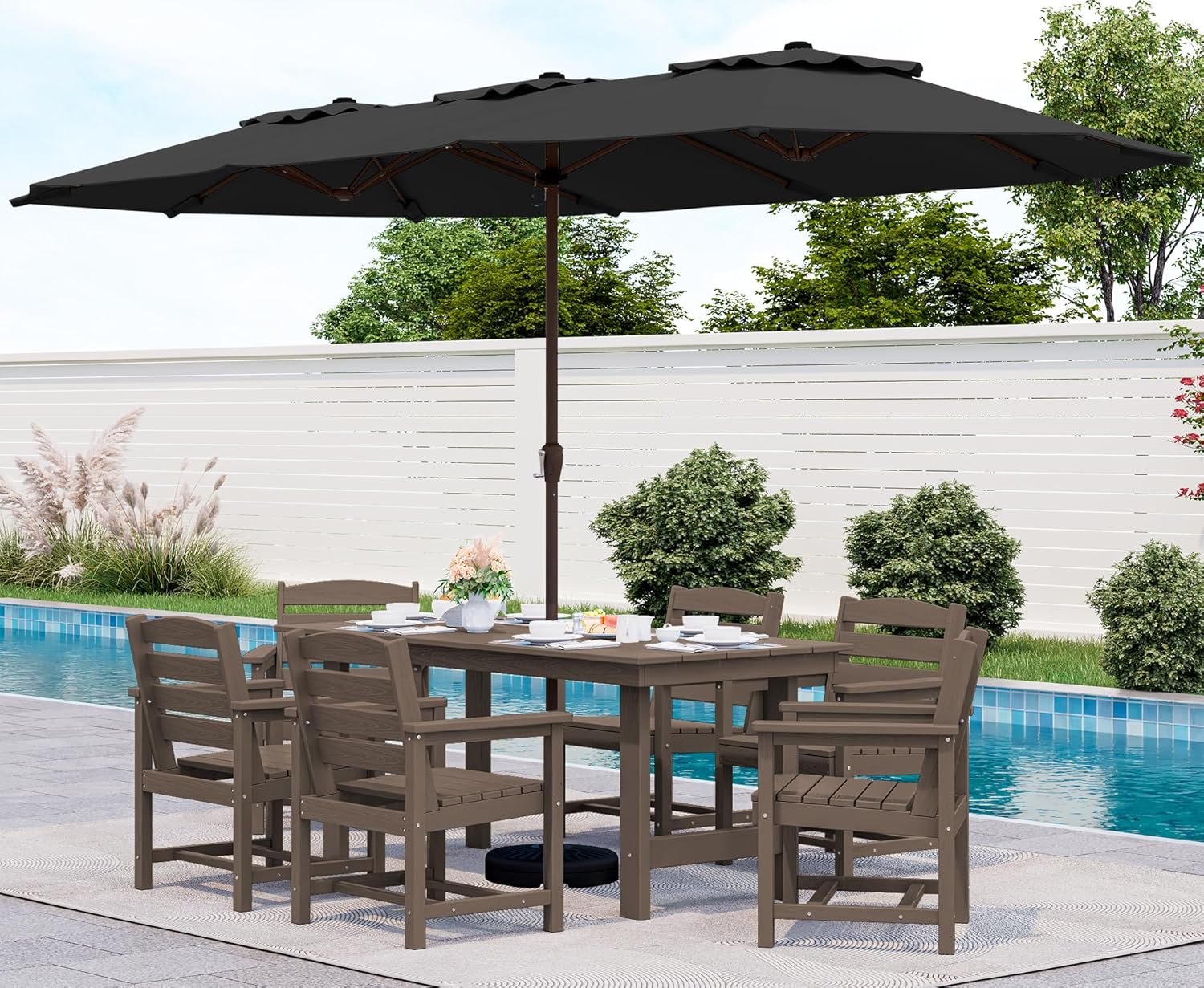 Outdoor HDPE Dining Table Set, 7-Piece Outdoor Dining Table Sets with Umbrella Hole Cut-Out Table and 6 Chairs wourant