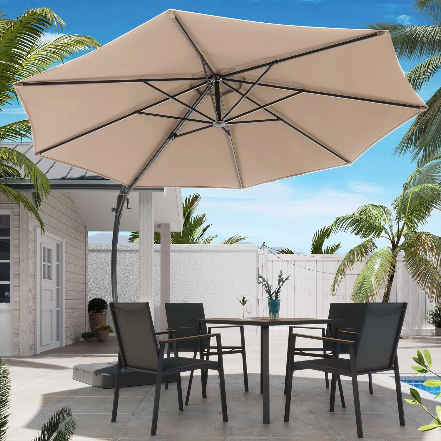 LAUSAINT HOME Outdoor Patio Umbrella with Base included, 11 FT Deluxe Curvy Cantilever Umbrella Heavy Duty Offset Hanging Umbrella with 360° Rotation for Market, Pool, Garden, Backyard, Deck (Beige) wourant