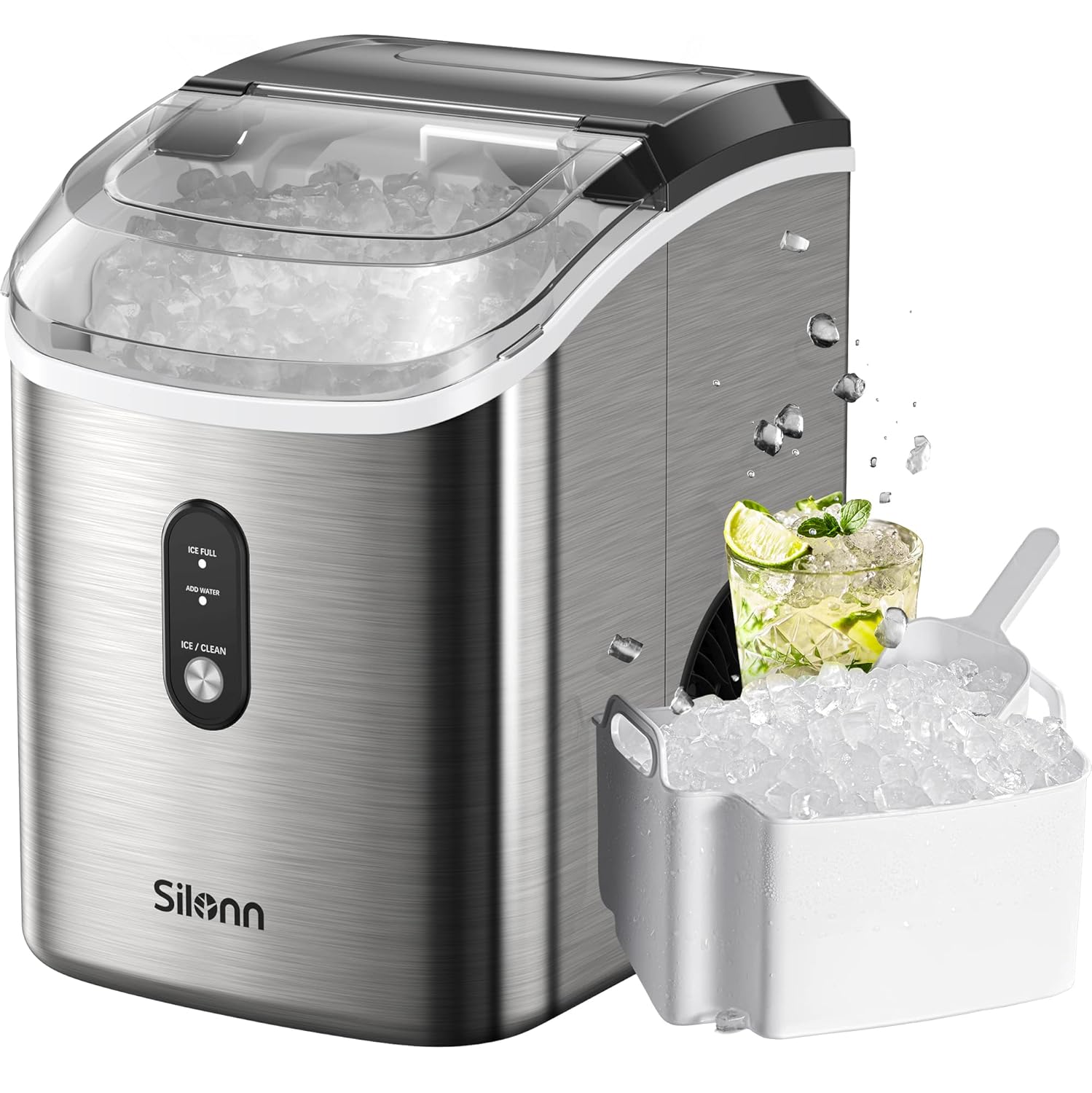 Nugget Ice Maker Countertop, Silonn Chewable Pellet Ice Machine with Self-Cleanin Function, 33lbs/24H Portable Ice Makers for Home Kitchen Officce, Black wourant
