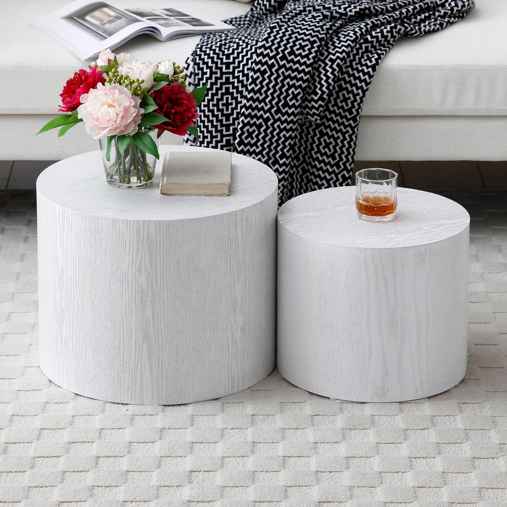 Nesting Coffee Table Set of 2, Modern Round Coffee Table with Non-Slip Feet, Walnut Wooden Circle Accent Tables for Small Spaces Living Room Bedroom Balcony Office Drum Side Table (Walnut) wourant