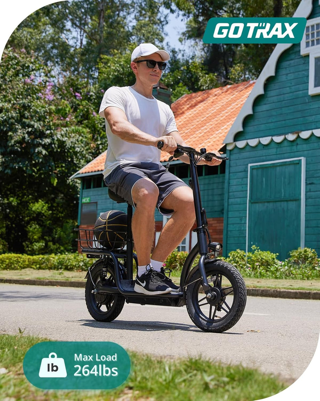 Gotrax adult electric scooter with seat, maximum range of 19-25 miles, all-terrain tires, wide pedals, padded seat, and carrycot wourant