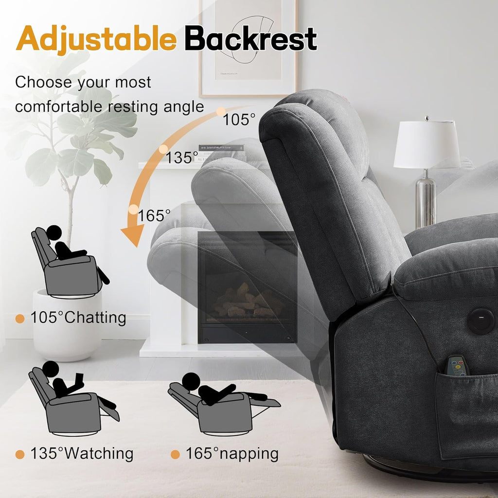 Rocker Recliner, Glider Recliner Chairs for Adults, 360° Swivel Rocking Chair with Massage and Heating, Nursery Chair with Storage and USB Charging for Living Room, Bedroom, Nursery wourant