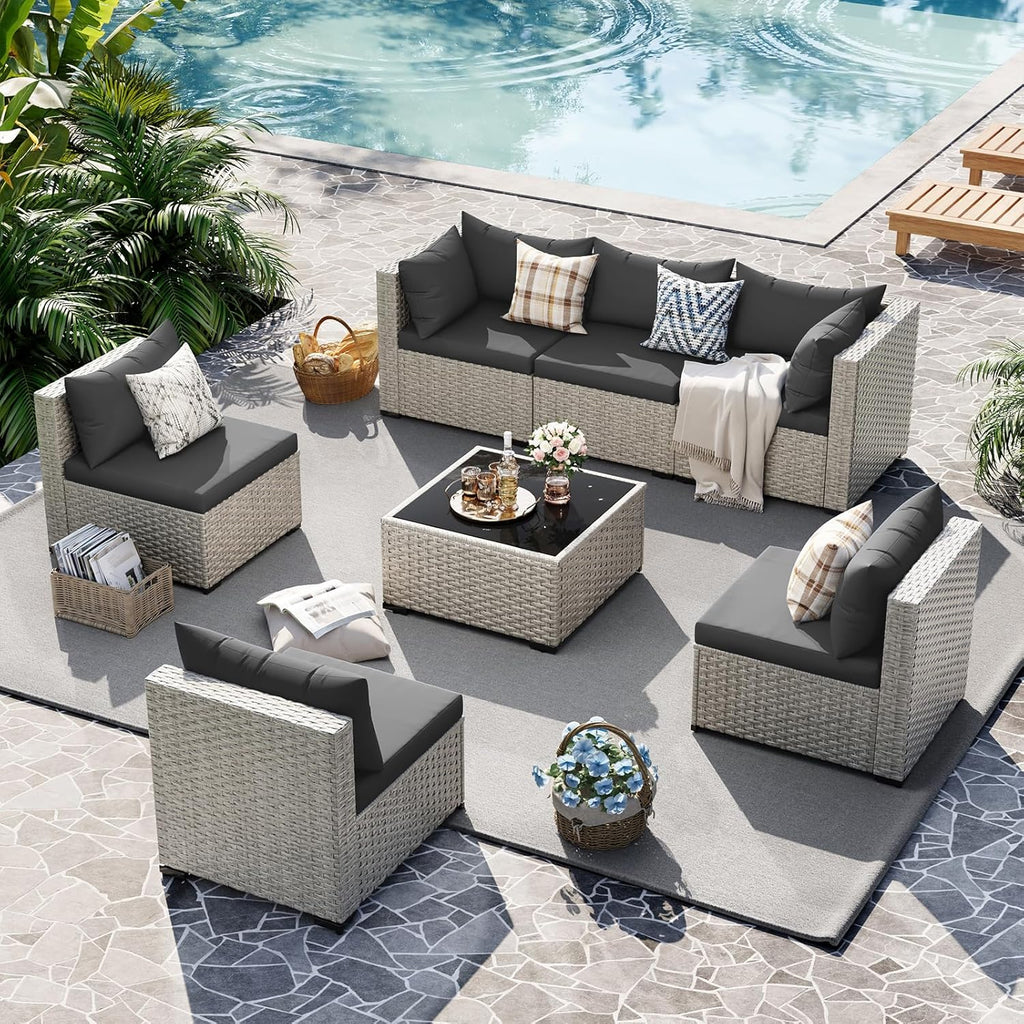 UDPATIO Outdoor Patio Furniture Set, 7-Piece PE Wicker Sectional Sofa with Tea Table, Outdoor Conversation Set wourant
