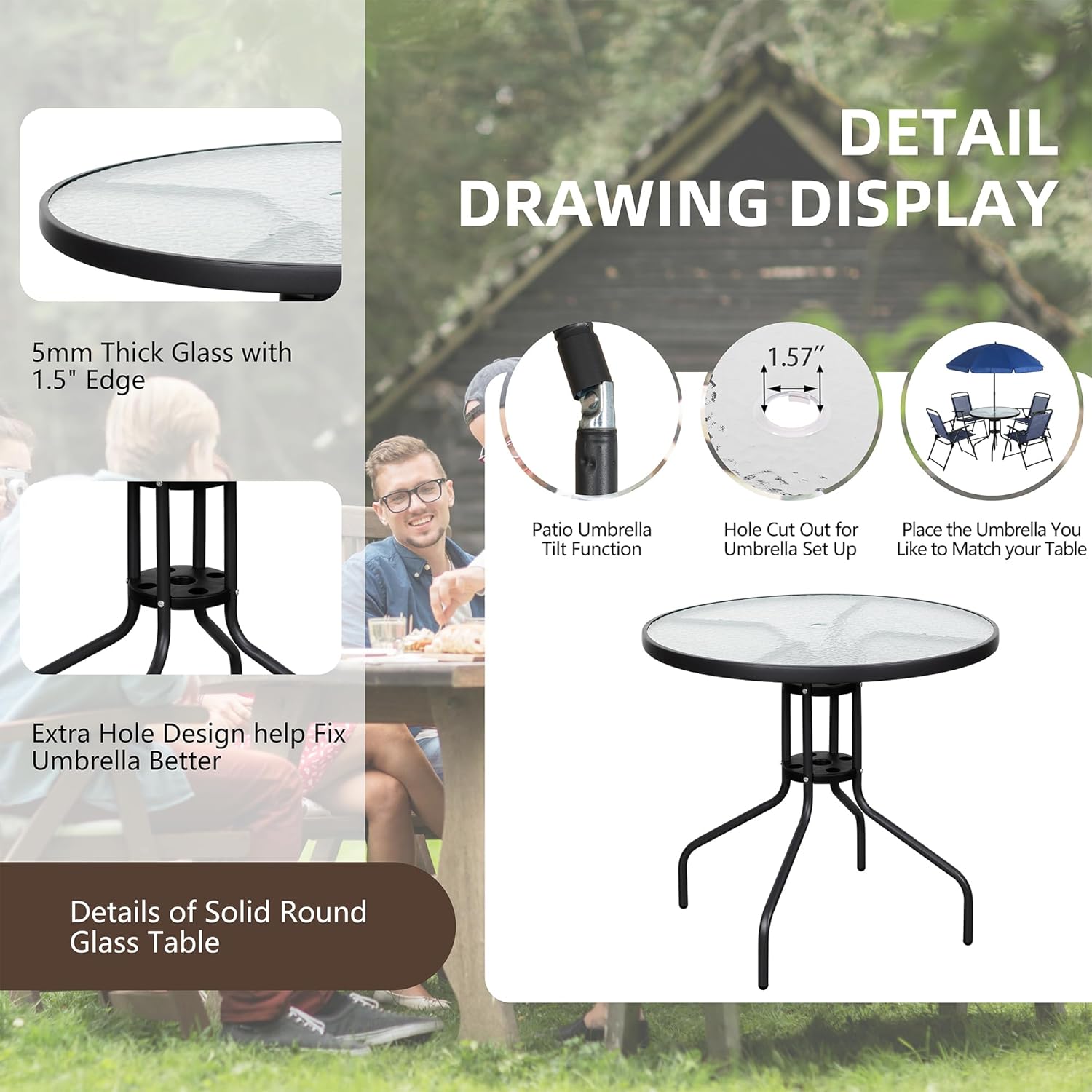 Vongrasig 6 Piece Folding Patio Dining Set,Small Metal Outdoor Garden Patio Table and Chair Set w/Umbrella for Lawn,Deck,Backyard,Black wourant