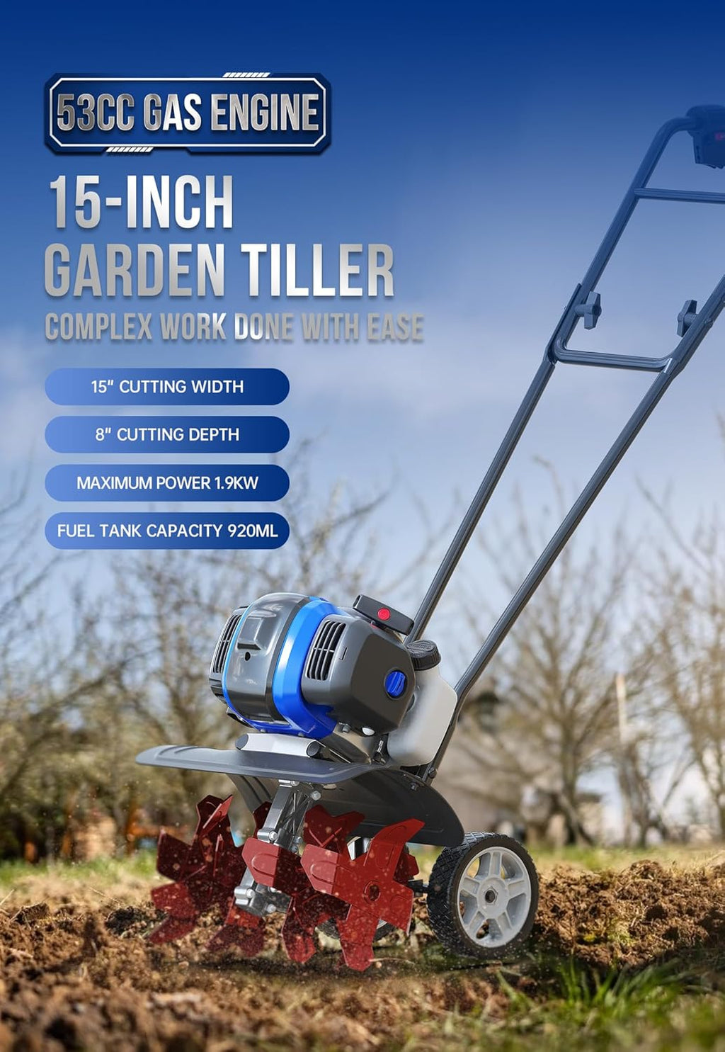 Garden Tiller 53cc Mini Cultivator 15 inch Powerful Liftable Booster Rod Tilling Tool for Lawn, Garden and Field Soil Cultivation wourant