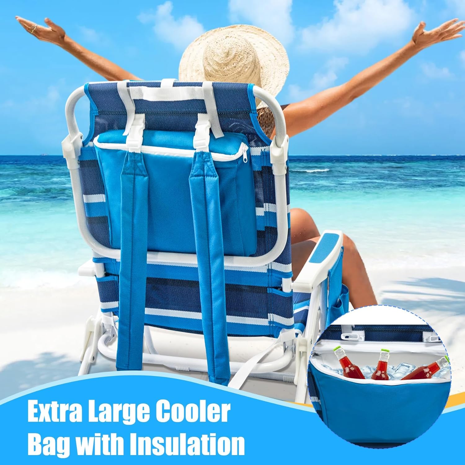 Beach Chair 2 Pack 5 Positions Textilene Folding Reclining Beach Chair with Backpack Straps Cooler Bag & Cup Holder for Outdoor Lawn Camping wourant