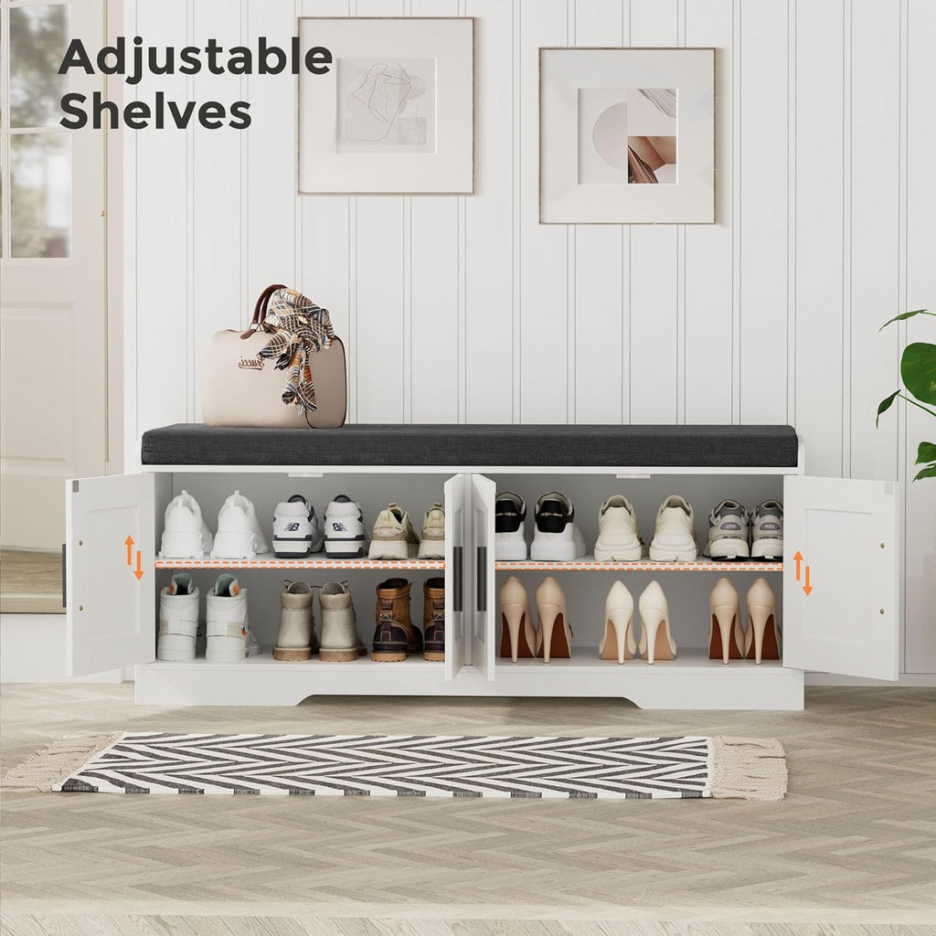 2-Tier Storage Bench, Shoe Bench with Thickened Padded Seat Cushion, Entryway Bench with 4 Doors, Adjustable Shelf wourant