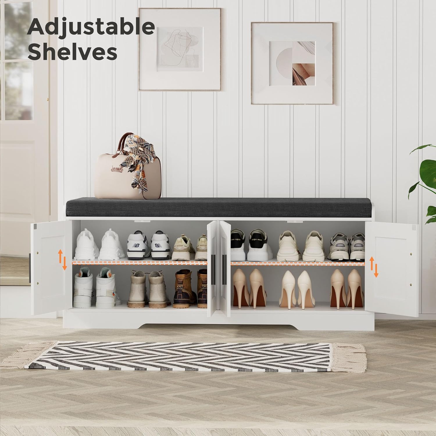 2-Tier Storage Bench, Shoe Bench with Thickened Padded Seat Cushion, Entryway Bench with 4 Doors, Adjustable Shelf wourant