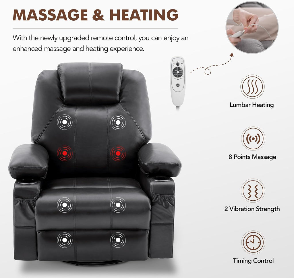 Large Swivel Rocking Recliner with Heating and Massage Function, 360 Degree Swivel Rocking Single Sofa wourant