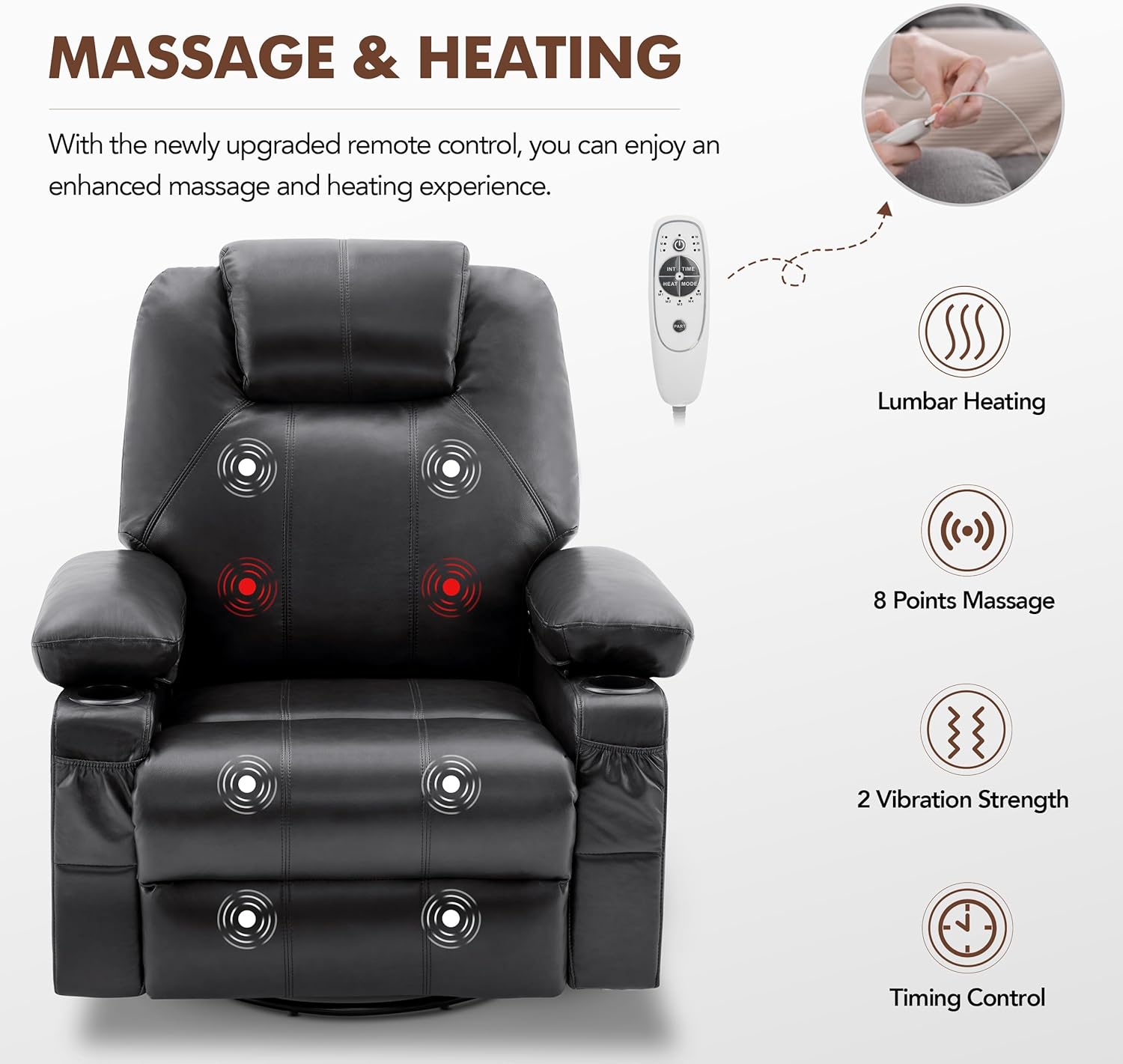 Large Swivel Rocking Recliner with Heating and Massage Function, 360 Degree Swivel Rocking Single Sofa wourant