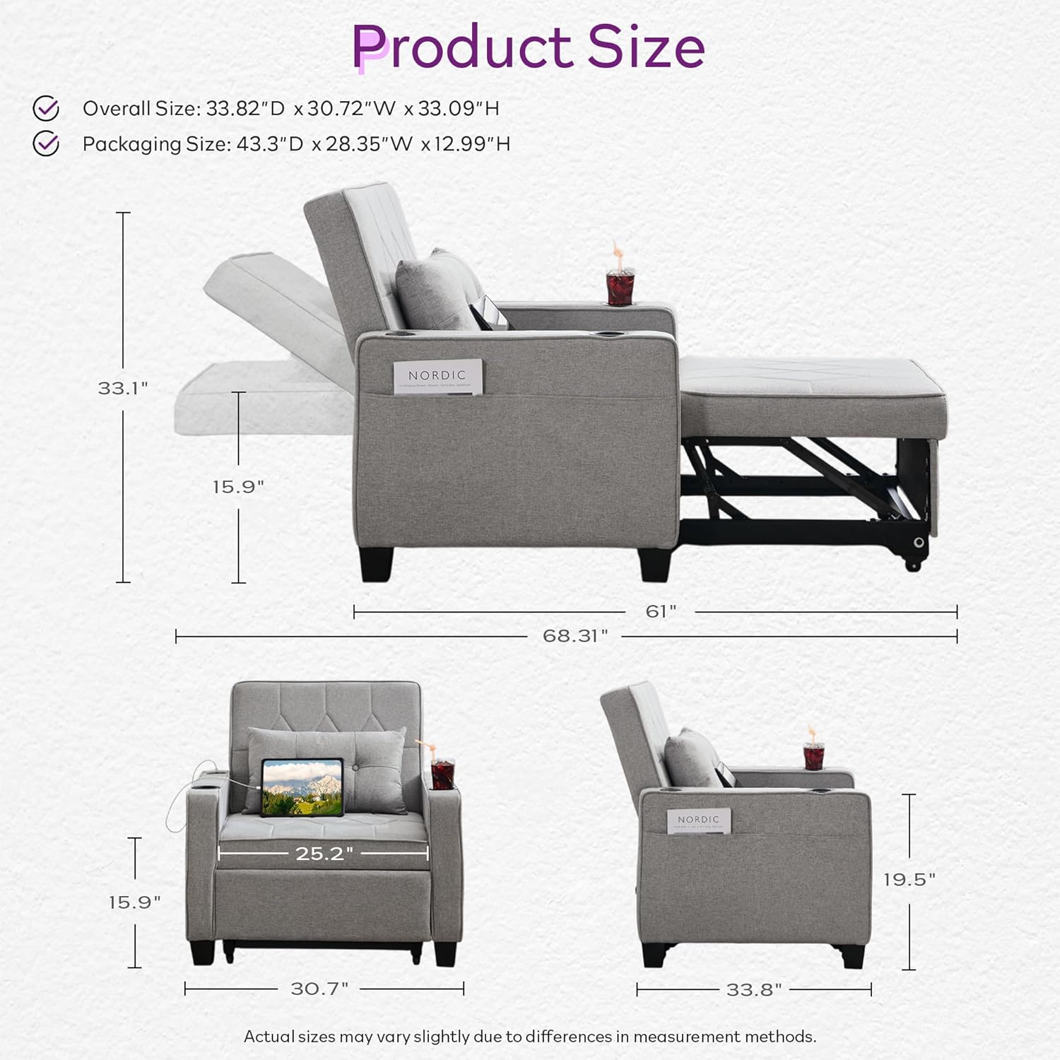 Adult Convertible Sleeper Chair Bed, 3-in-1 Pull-Out Sofa Bed with USB/Type-C Ports, Cup Holders, Side Pockets, Single Sofa wourant