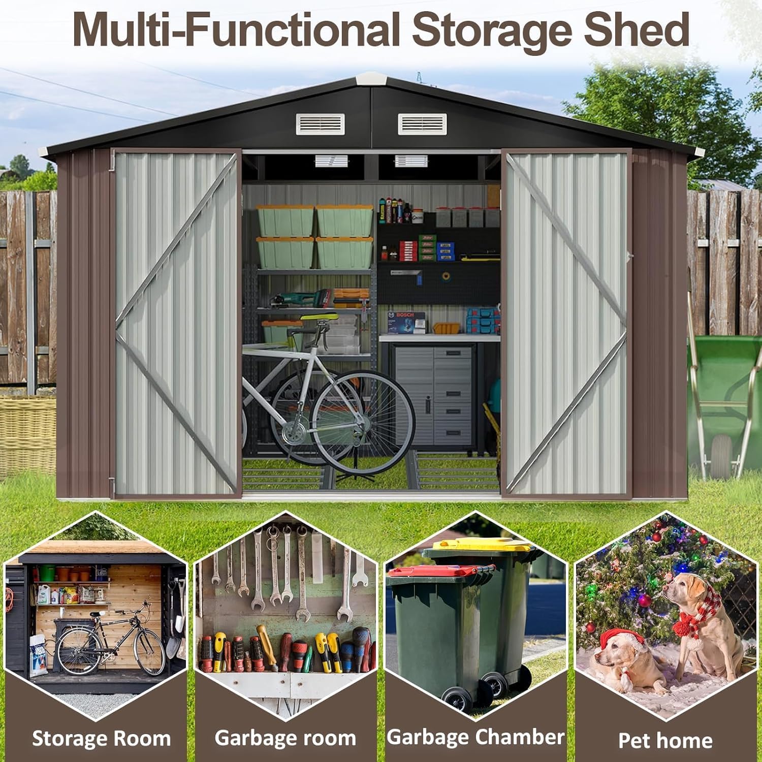 Aoxun 6.2x4 FT Shed Outdoor Storage Shed Metal Garden Shed Slooping Roof Tool Shed Bike Shed wourant