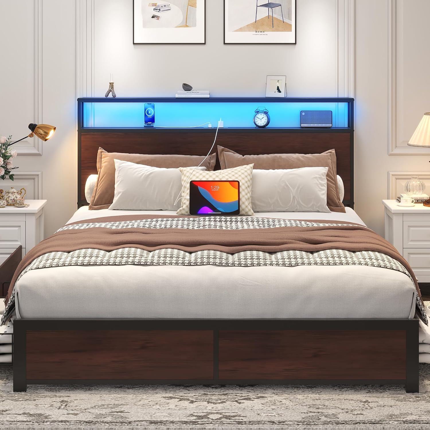 Lifezone Queen Bed Frame with 2-Tier Storage Headboard, Metal Platform Bed Frame with 4 Storage Drawers, Built in Charging Station & LED, Noise-Free/Metal Support/No Box Spring Needed wourant