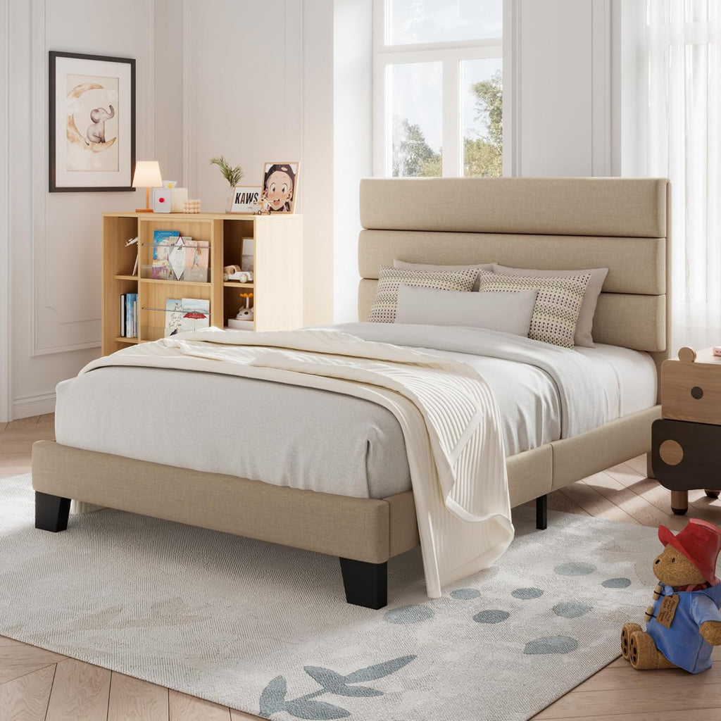 Allewie Queen Size Platform Bed Frame Fabric Upholstered Headboard Wooden Slats Support wourant