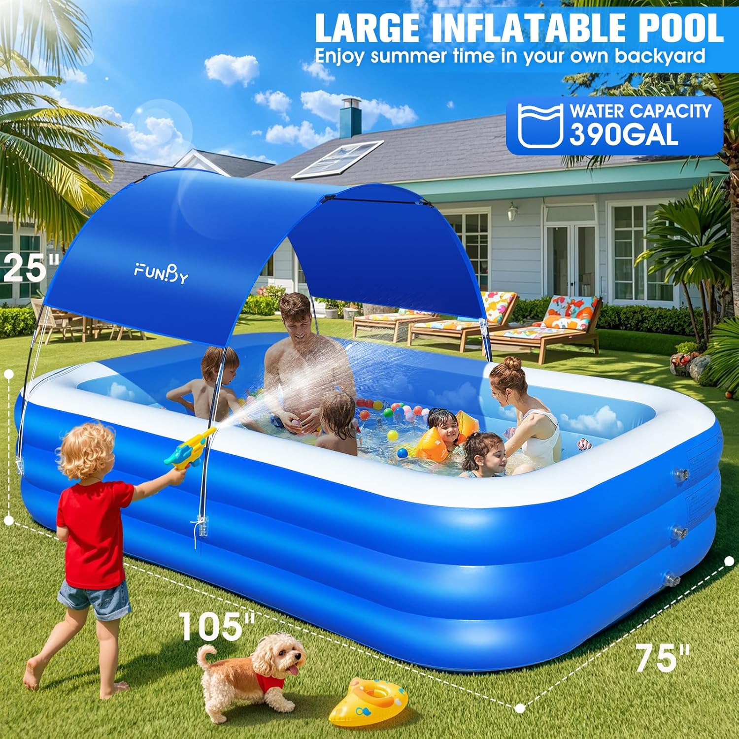 Inflatable Pool with Canopy,Upgraded Inflatable Swimming Pool for Kids,Adult,Large Inflatable Blow up Pools,Ocean Theme Oversized Thickened 105"x75"x25"Inflatable Family Pools for Backyard-Blue wourant