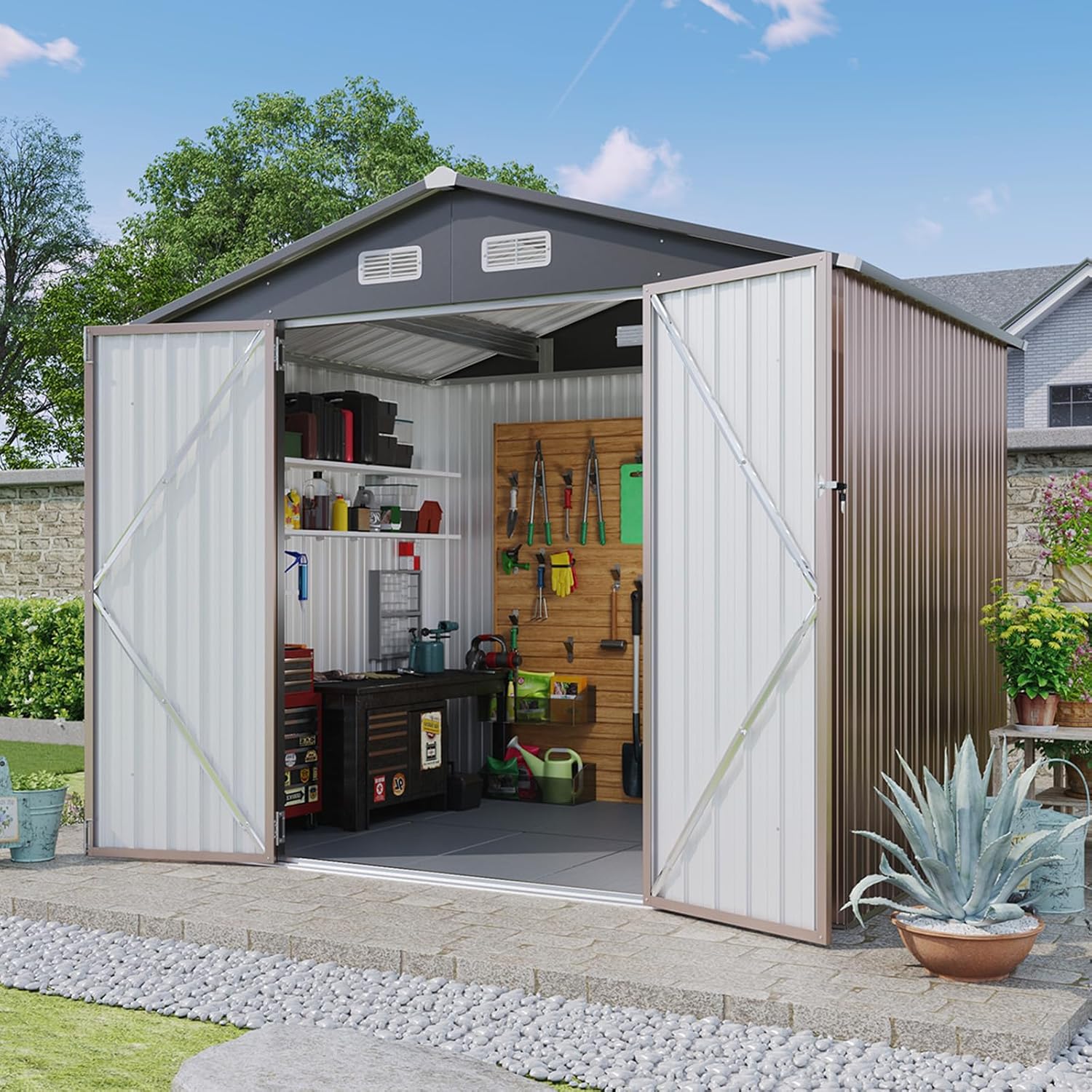Aoxun 6.2x4 FT Shed Outdoor Storage Shed Metal Garden Shed Slooping Roof Tool Shed Bike Shed wourant