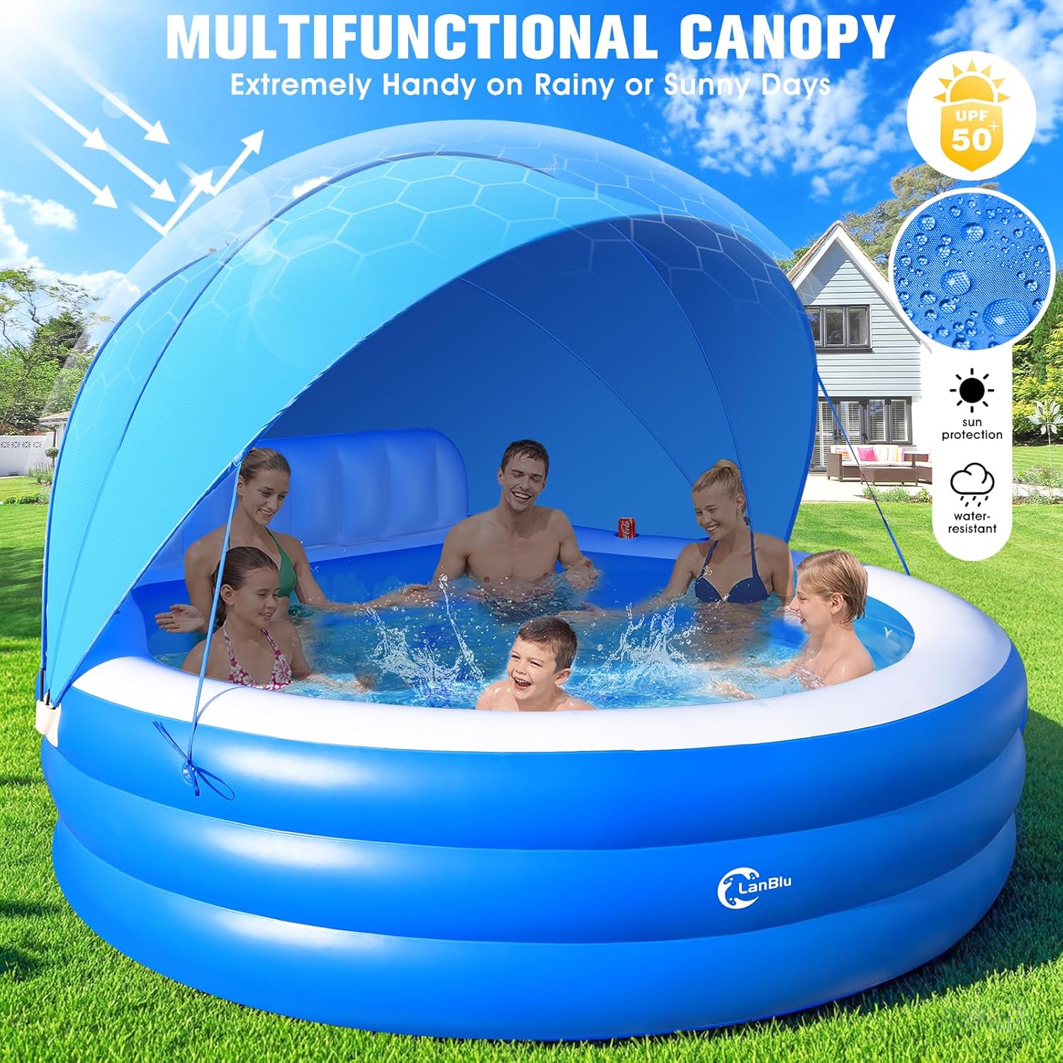 2025 Upgraded Inflatable Pool with Canopy, Inflatable Family Lounge Pool, Round Blow Up Pool for Adult with Bench & Backrest, Swim Center Easy Backyard Pools for Kids & Adults, 92"x92"x26", Blue wourant