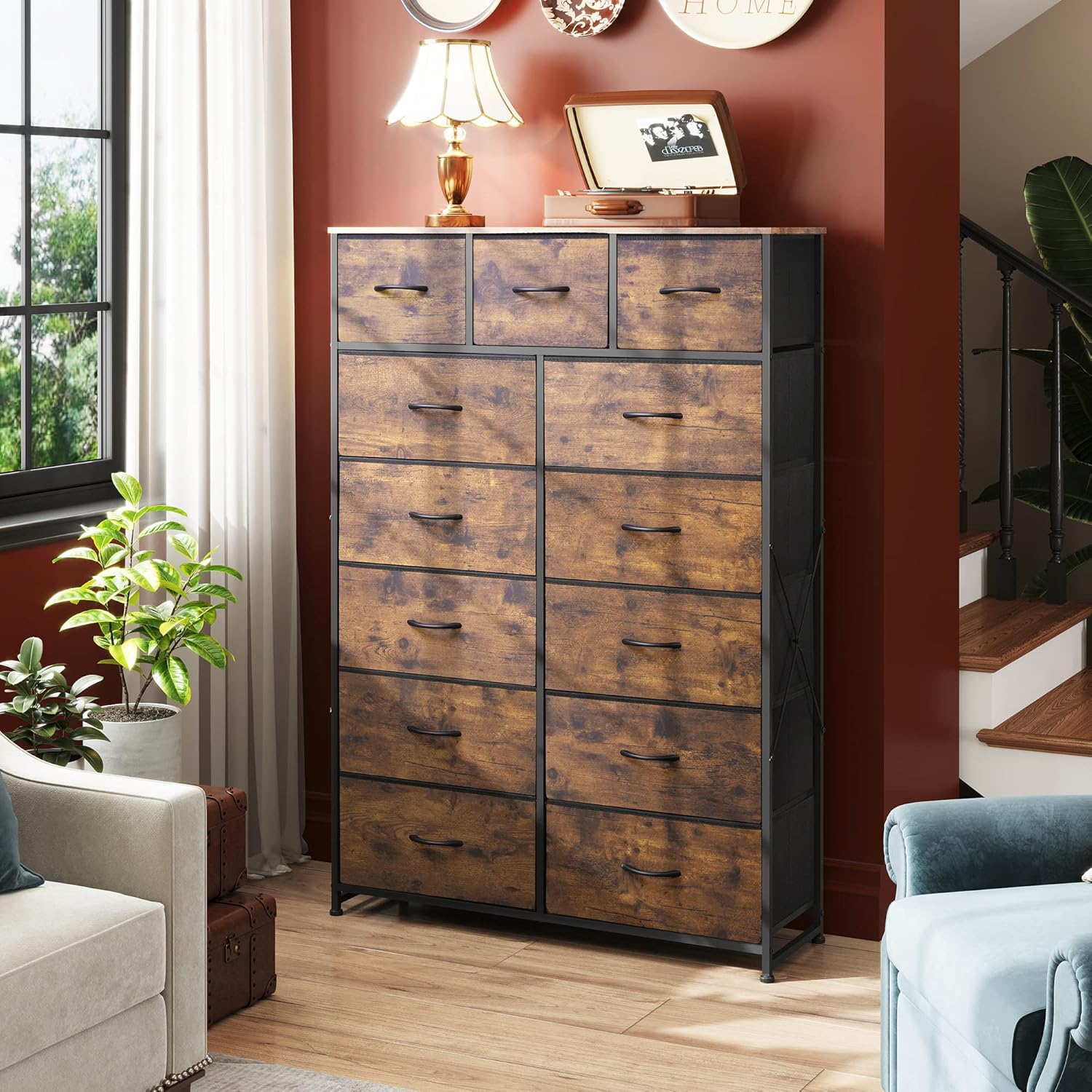 WLIVE Storage Organizer Unit with 13 Fabric Bins, Storage Drawers Organizer with Steel Frame, Tall Storage Tower Organizaton for Living Room, Hallway, Office, Charcoal Black wourant