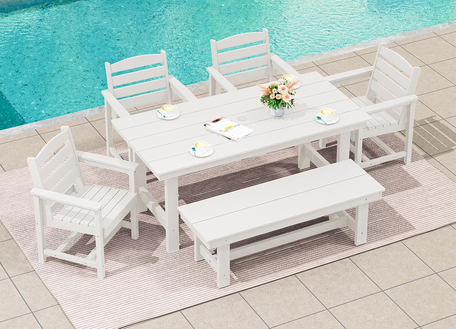 Outdoor HDPE Dining Table Set, 7-Piece Outdoor Dining Table Sets with Umbrella Hole Cut-Out Table and 6 Chairs wourant