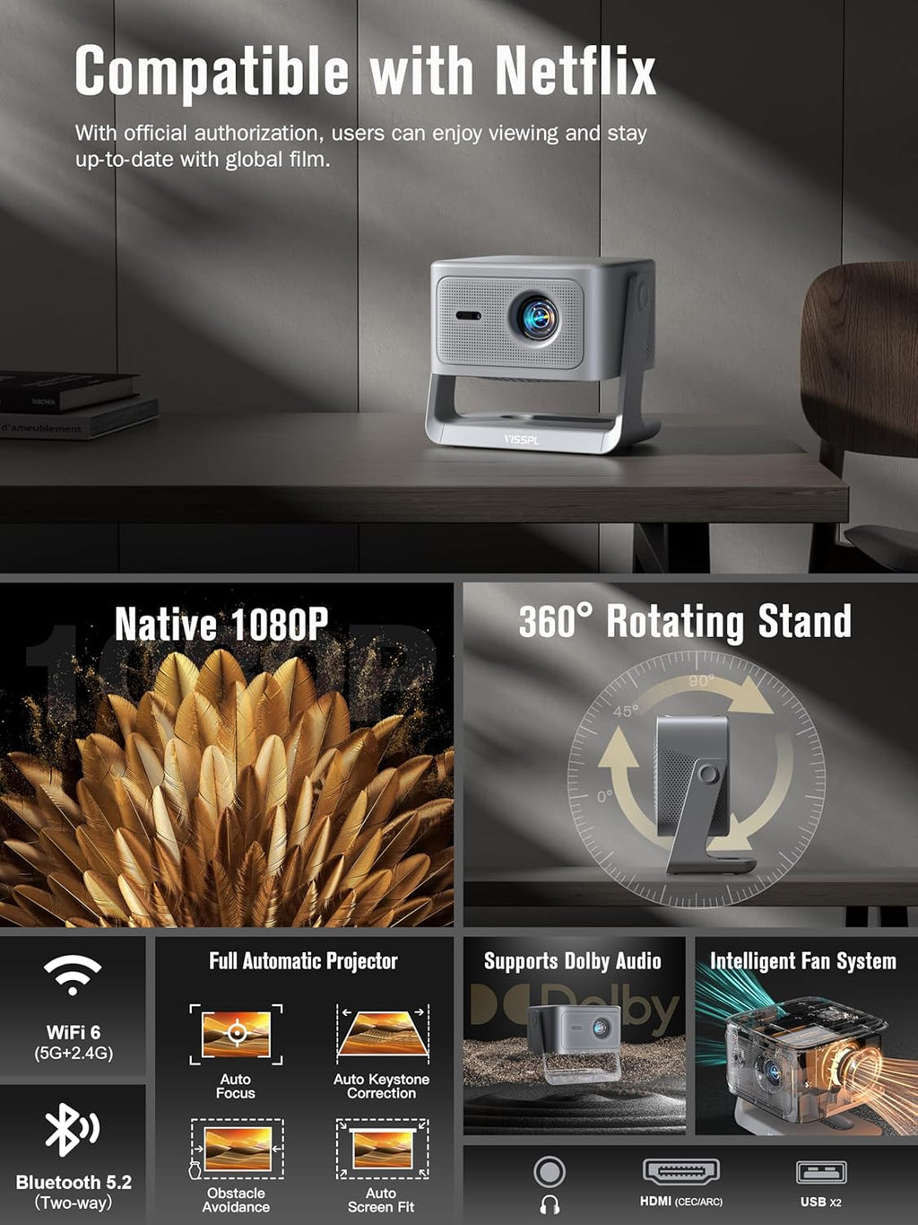 Smart 4K Projector with WiFi and Bluetooth, VISSPL 3D Dolby Audio and Auto Focus wourant