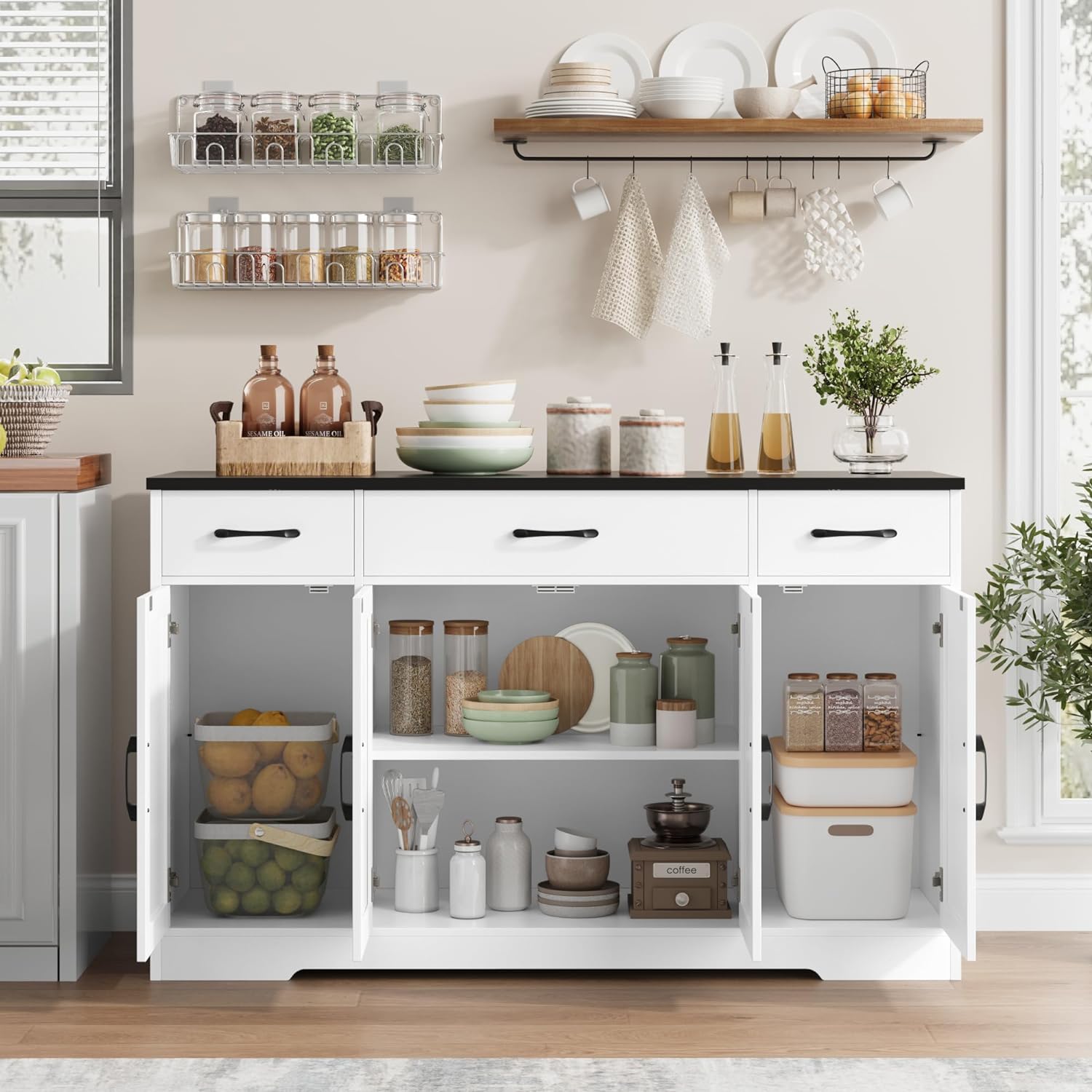 Sideboard with drawers, large 55-inch sideboard, sideboard storage with shelves and doors, modern farmhouse coffee bar wood kitchen dining table wourant