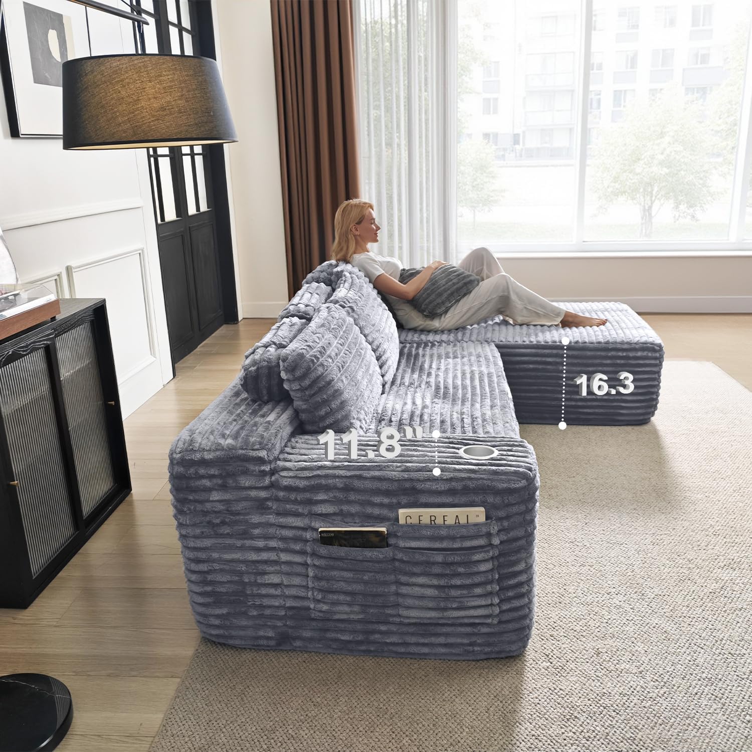 Cloud Sectional Couch with L-Shape Chaise, Modern Modular Sofa with Deep Seat, Built-in Cup Holder & Storage Pocket for Living Room Bedroom, No Assembly Required (Dark Gray, Left Sitting Chaise) wourant