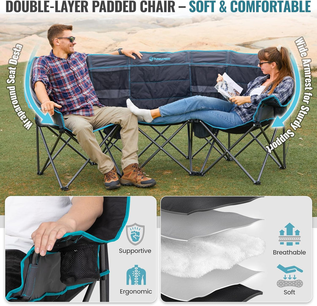 Double Camping Chair with Cooler 3-Person Folding Extra Large Camping Chair with 1000-Pound Load Capacity wourant