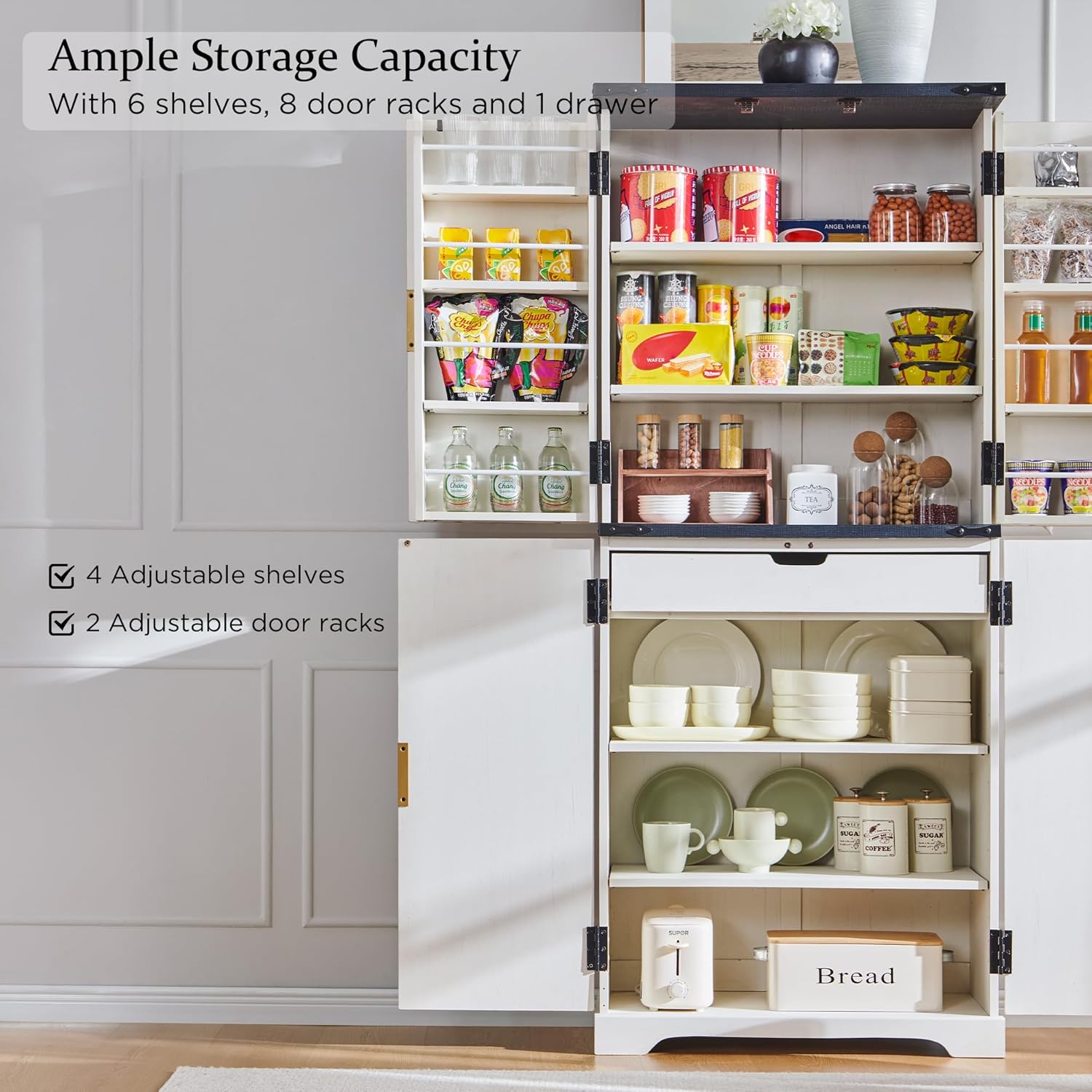 Fluted Pantry Cabinet, 72" Tall Modern Storage Cabinet with 4 Doors, Organizer, Drawer and Adjustable Shelves, Wood Cupboard wourant