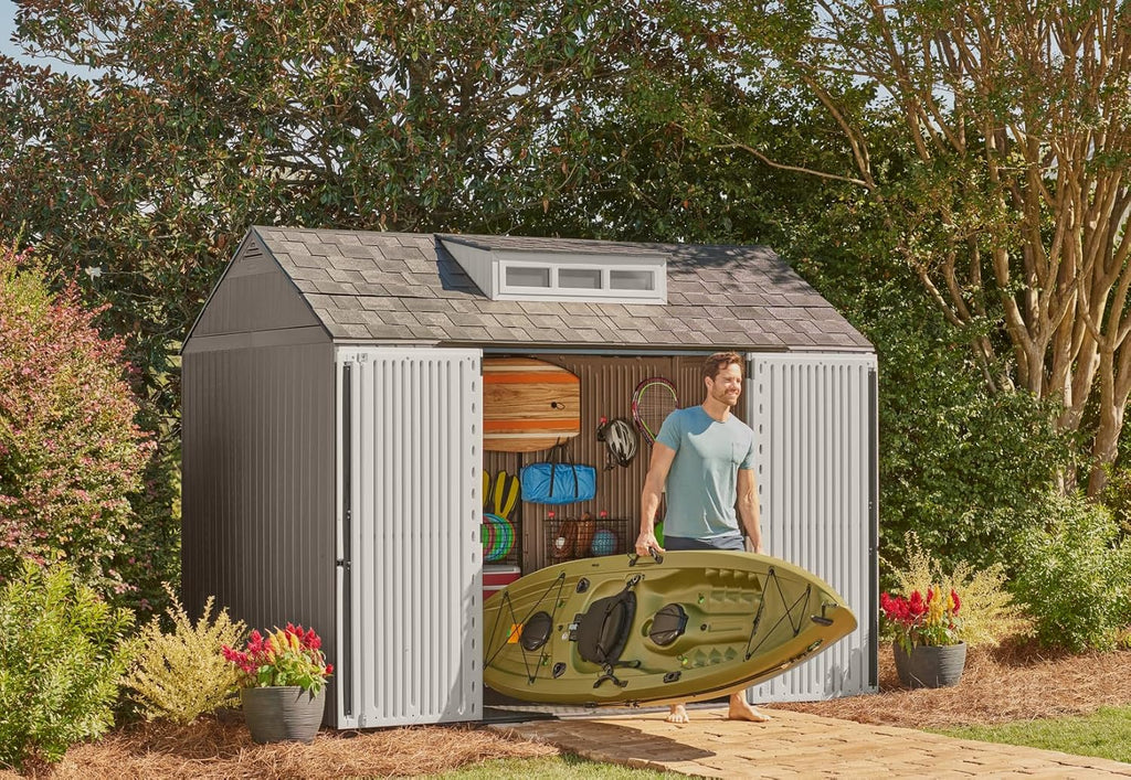 Rubbermaid Resin Outdoor Storage Shed With Floor (7 x 7 Ft) Weather Resistant Gray Organization for Home/Backyard/Garden Tools/Lawn Mower/Bike Storage/Pool Supplies wourant