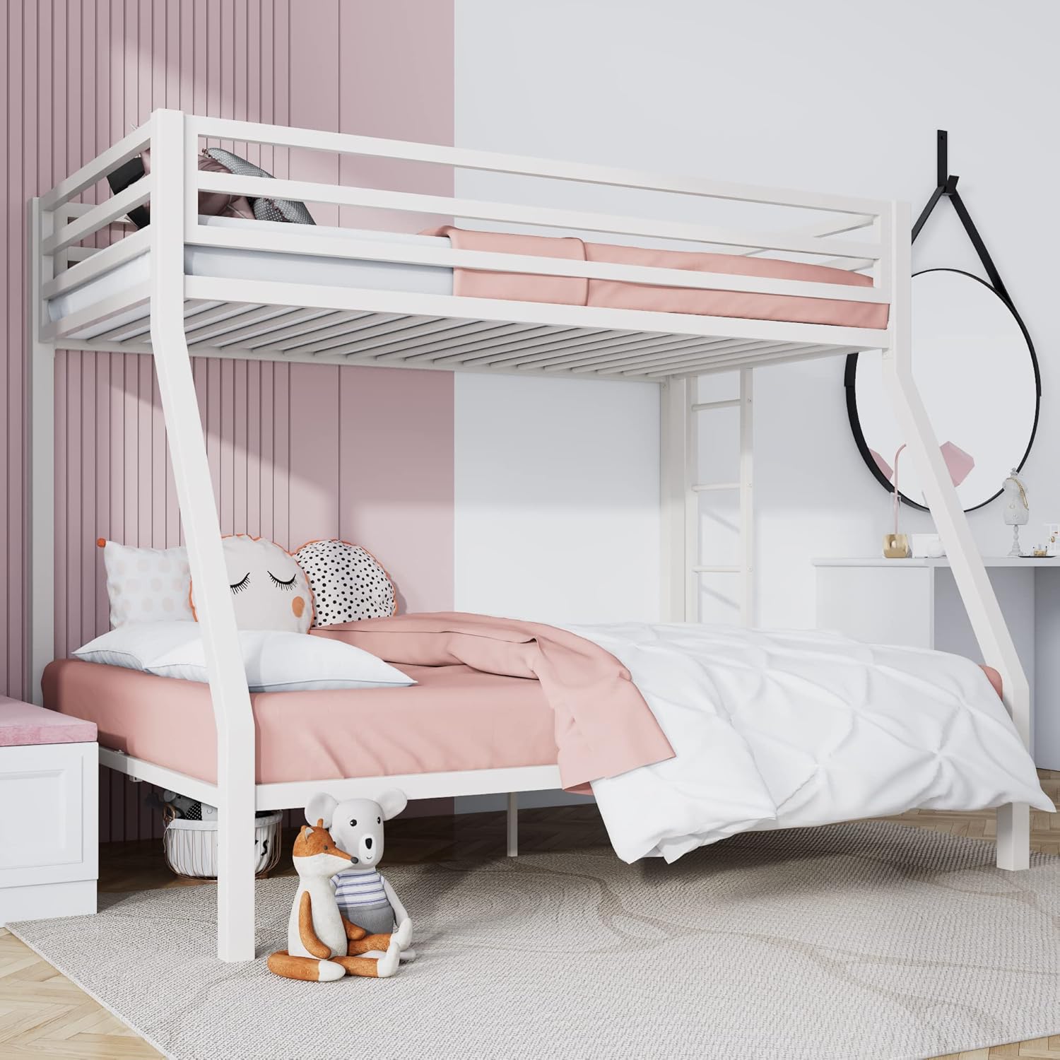 SHA CERLIN Loft Bunk Bed Twin Over Full Size Ladder and Guardrail Heavy Duty Metal Slats Support wourant