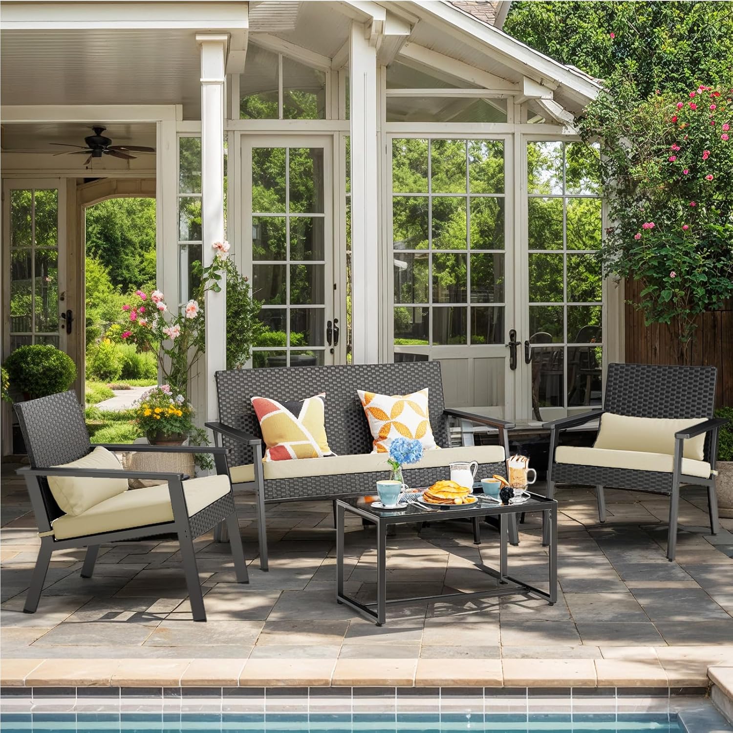 Ahomly 4-Piece Outdoor Wicker Patio Furniture Set with Deep Seating Cushions and Table for Balcony, Backyard, and Porch (Gray) wourant