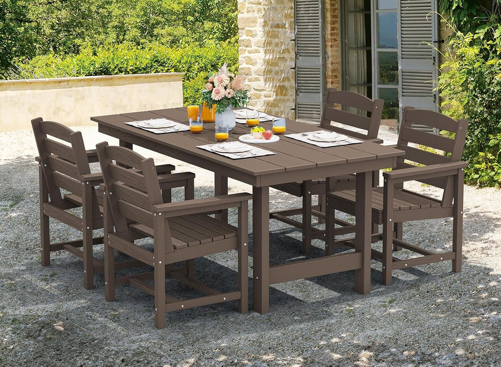 Outdoor HDPE Dining Table Set, 7-Piece Outdoor Dining Table Sets with Umbrella Hole Cut-Out Table and 6 Chairs wourant