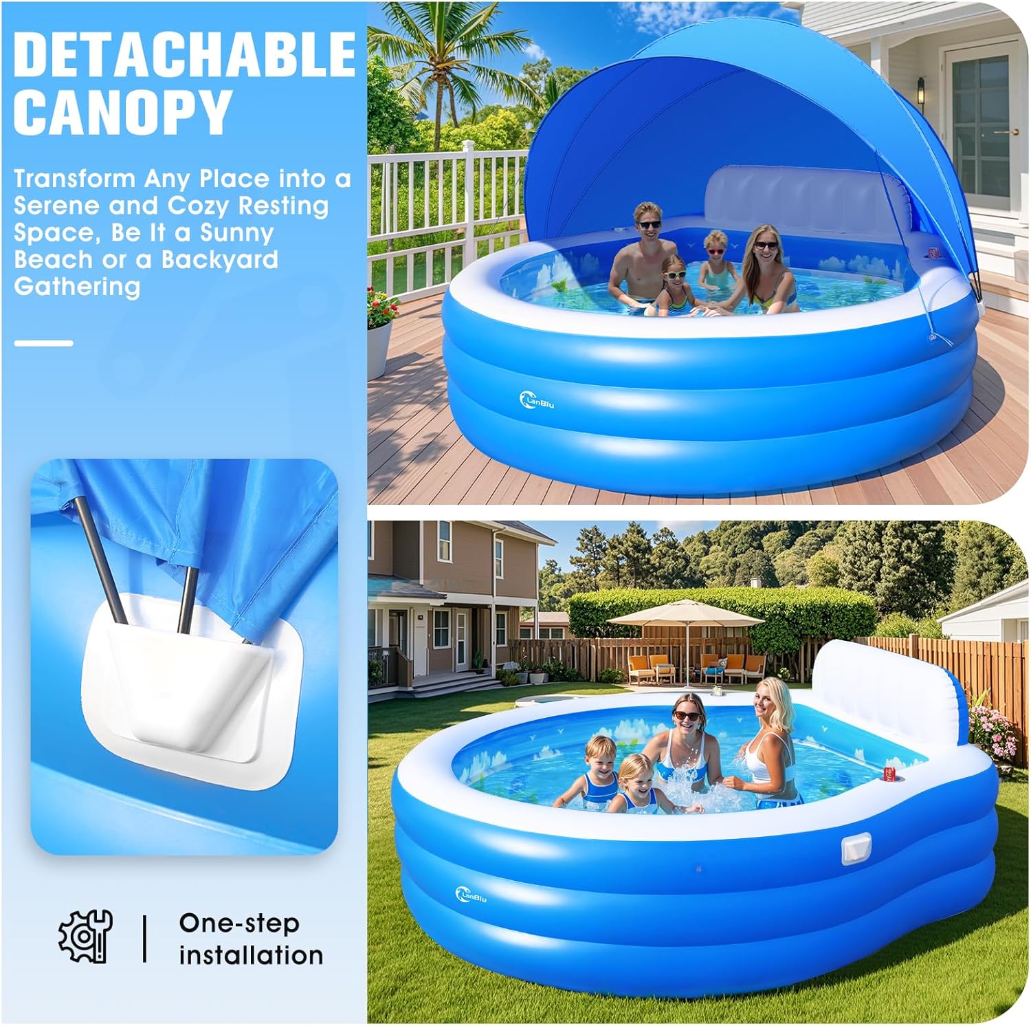 2025 Upgraded Inflatable Pool with Canopy, Inflatable Family Lounge Pool, Round Blow Up Pool for Adult with Bench & Backrest, Swim Center Easy Backyard Pools for Kids & Adults, 92"x92"x26", Blue wourant