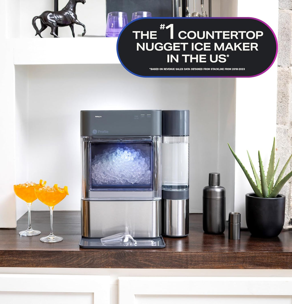GE Profile Opal 2.0 with 0.75 Gallon Tank, Chewable Crunchable Countertop Nugget Ice Maker, Scoop included, 38 lbs in 24 hours, Pellet Ice Machine with WiFi & Smart Connected, Black Stainless Steel wourant