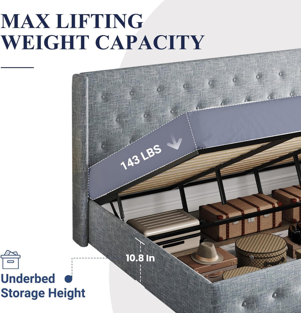 Allewie Queen Size Lift Up Storage Bed Modern Wingback Headboard Hydraulic Support wourant
