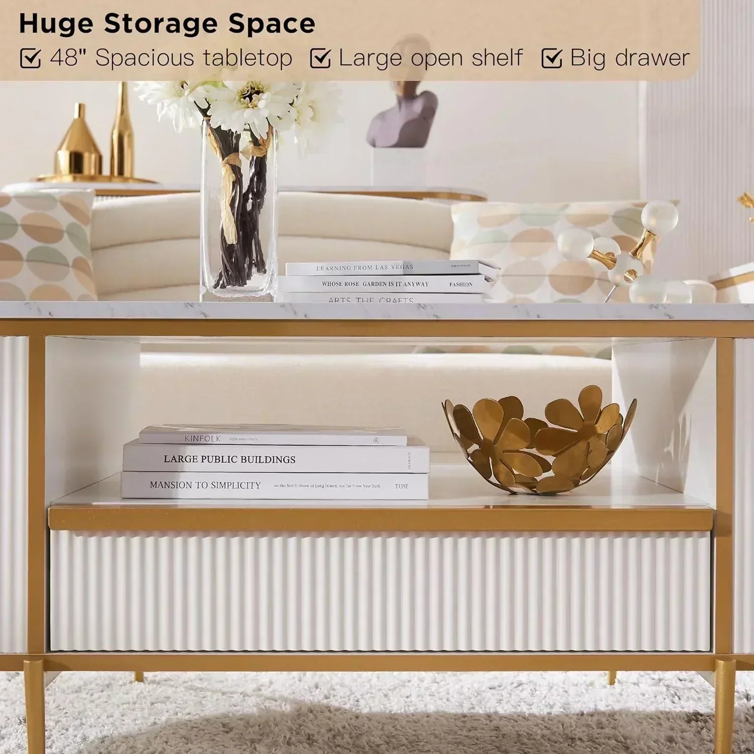 OKD Modern Luxury Grooved Coffee Table 48 Inch Oval Coffee Table Drawers Imitation Marble Top wourant