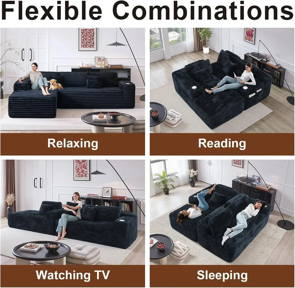 Cloud section sofa with L-shaped recliner modern modular sofa built-in cup holder wourant