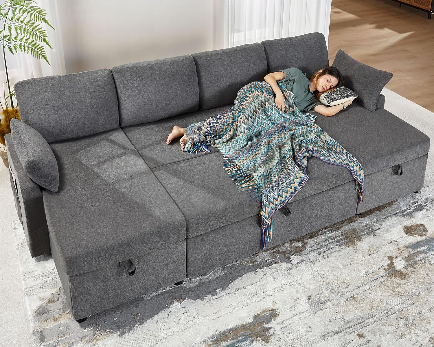 VanAcc Sofa Bed Sleeper Sofa with Storage Chaise 2 in 1 Pull Out Couch Living Room wourant