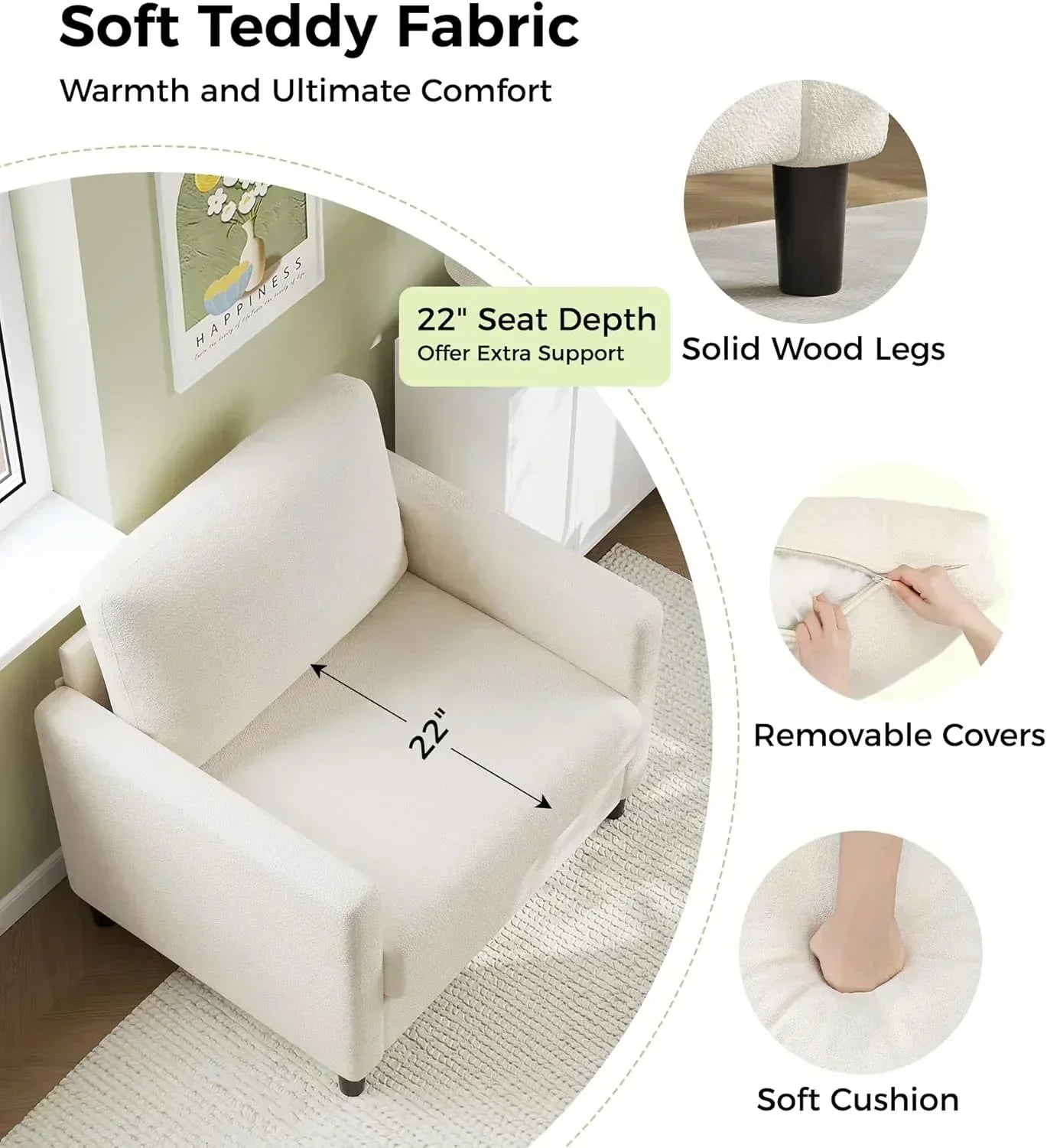 Loveseat Sofa 51" Love Seat Comfy Corduroy Small Loveseat Tool-Free Setup Couch wourant
