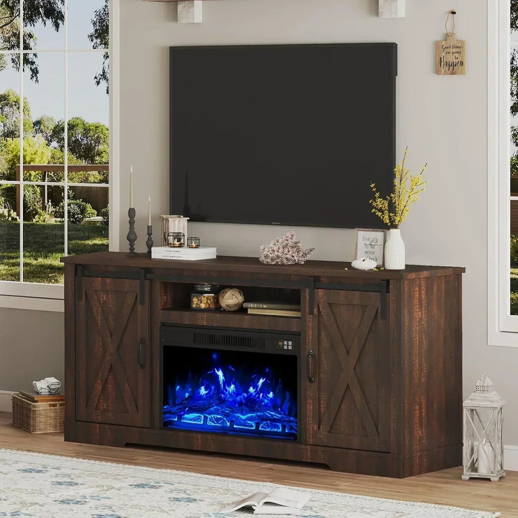AMERLIFE Fireplace TV Stand with Sliding Barn Door  Farmhouse 63" Fireplace Entertainment Center wourant