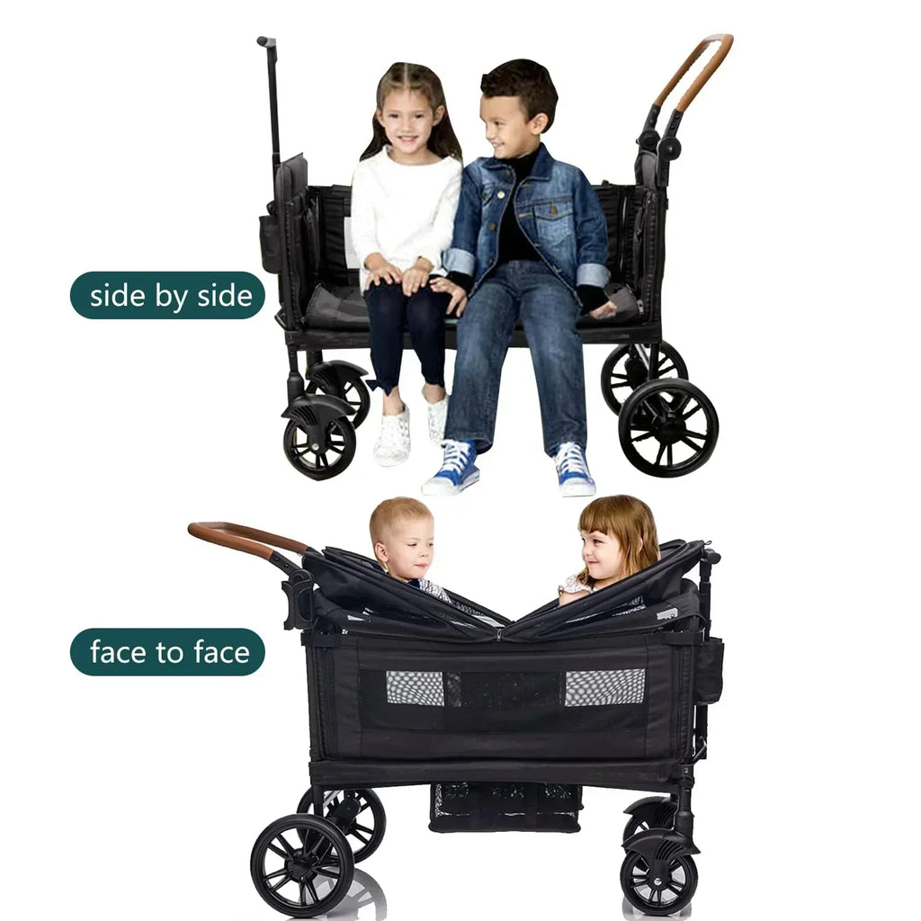 Wagon Stroller for 2 Kids Cargo-Travel Stroller Push-Pull Double Wagon Lightweight Folding Stroller wourant