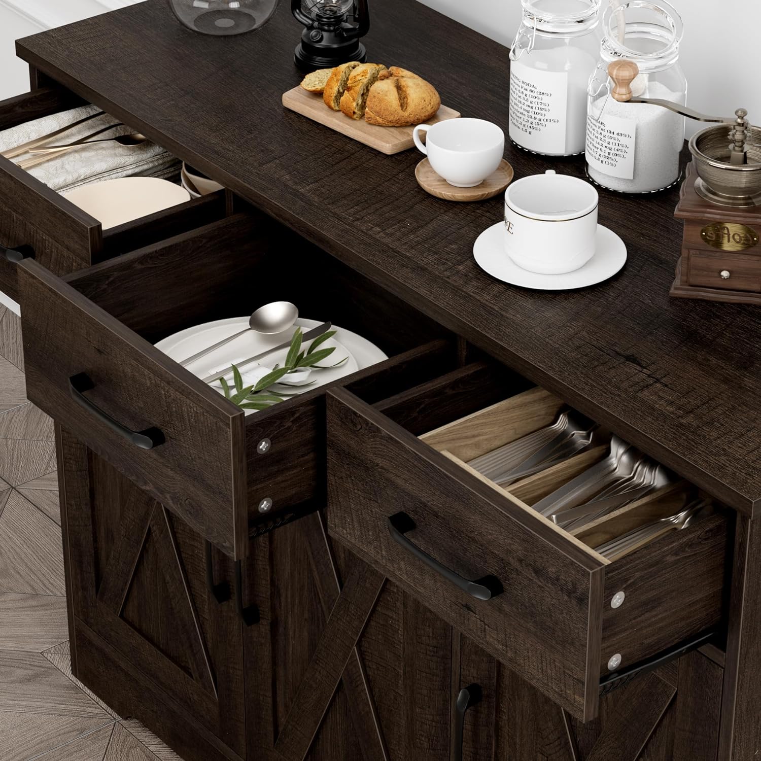 Modern farmhouse sideboard barn door buffet storage cabinet with drawers and shelves wourant