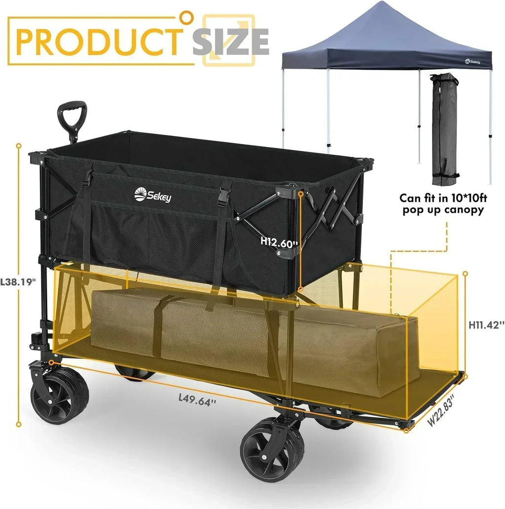 400L Large Capacity Folding Double Decker Wagon with Brakes 50" Extra Long Extender Cart wourant