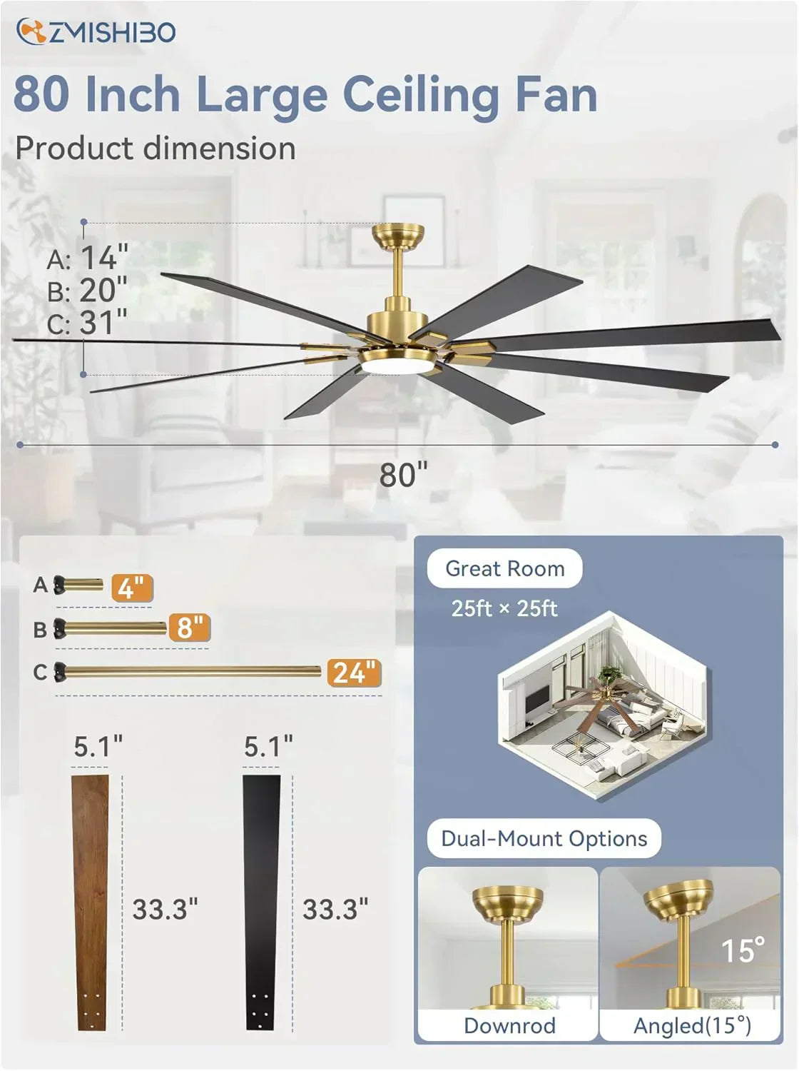 Zmishibo 72-inch large ceiling fan with lighting and remote indoor/outdoor wourant