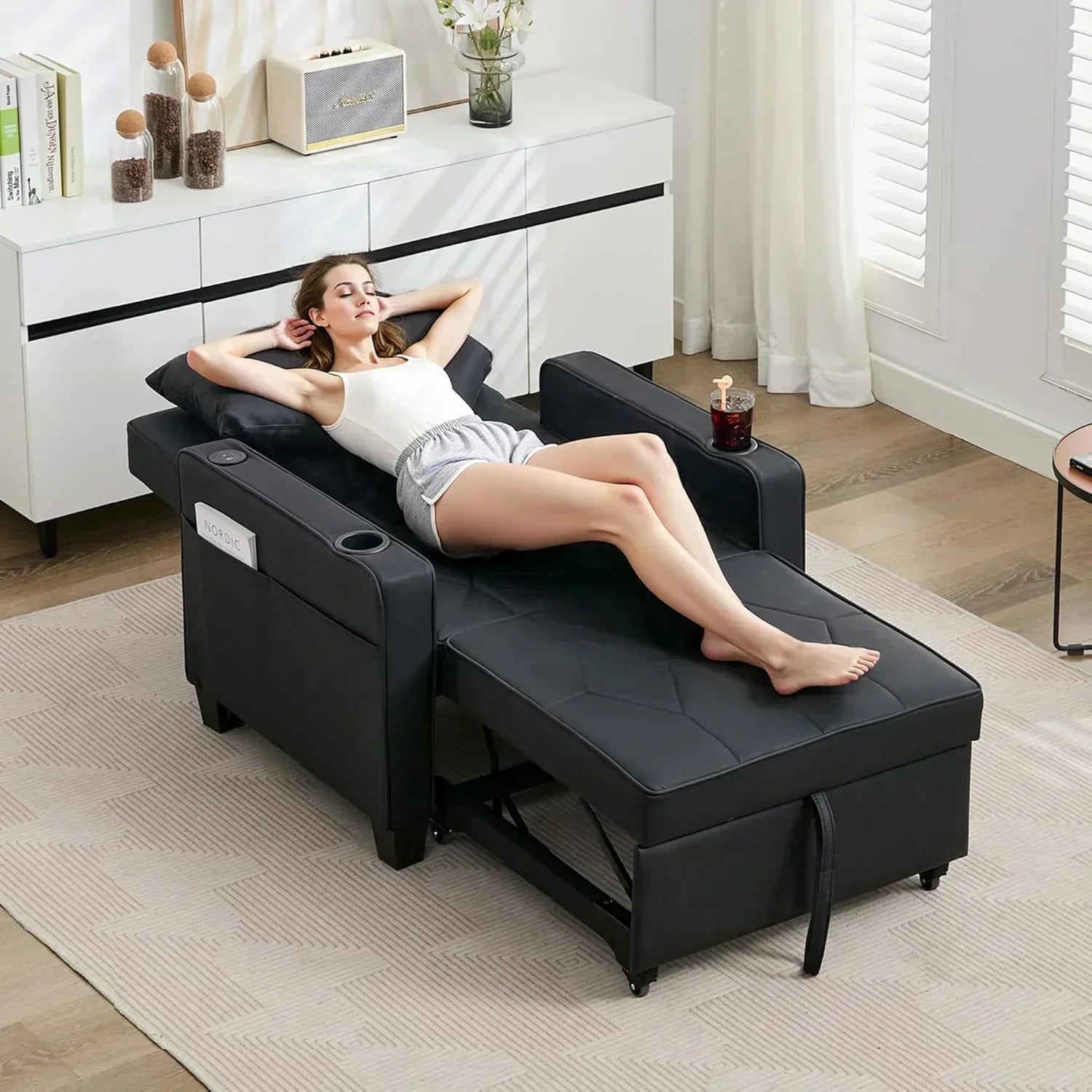 Adult Convertible Sleeper Chair Bed 3-in-1 Pull-Out Sofa Bed with USB/Type-C Ports Cup Holders wourant