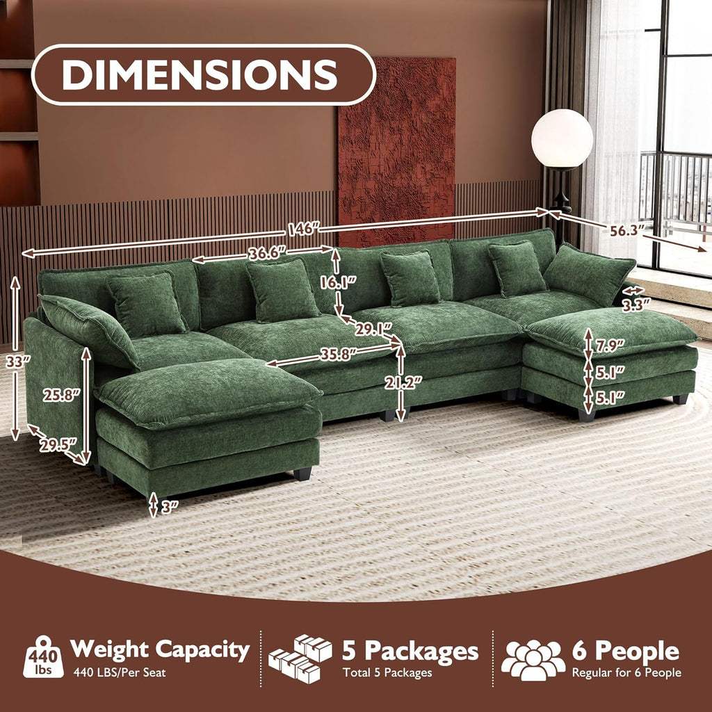 111.4 Inch L Shaped Modern Sofa Modular Cloud Sofa with Ottoman 4 Seater Chenille Deep Seat Sofa wourant