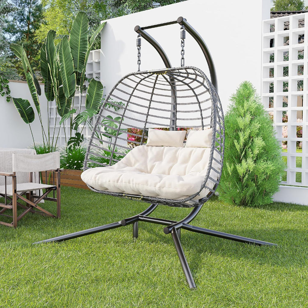 HWB Hanging Egg Chair with Stand Patio Wicker Hammock Egg Swing Chair Cushion for Bedroom wourant