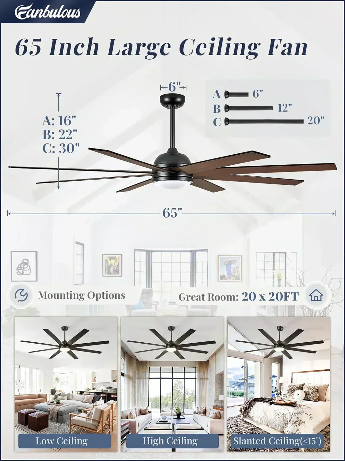 Ceiling Fan Indoor/Outdoor 8 Blades 65 inches wourant
