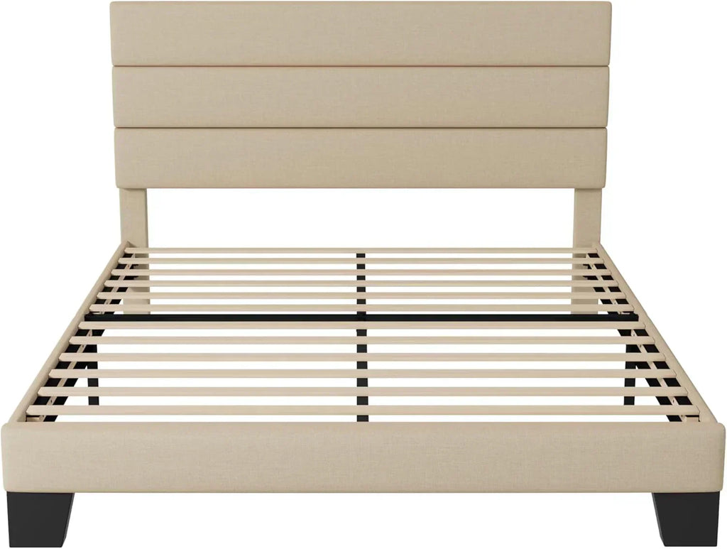 Allewie Queen Size Platform Bed Frame with Fabric Upholstered Headboard Wooden Slats Support wourant
